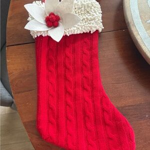 Red Knit Christmas Stocking with White Cuff and Flower Accent